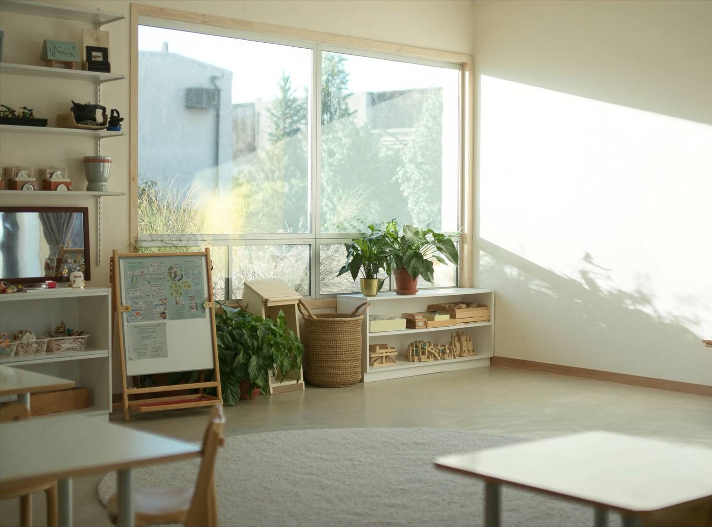 A calm, sunlit corner of an early-learning room