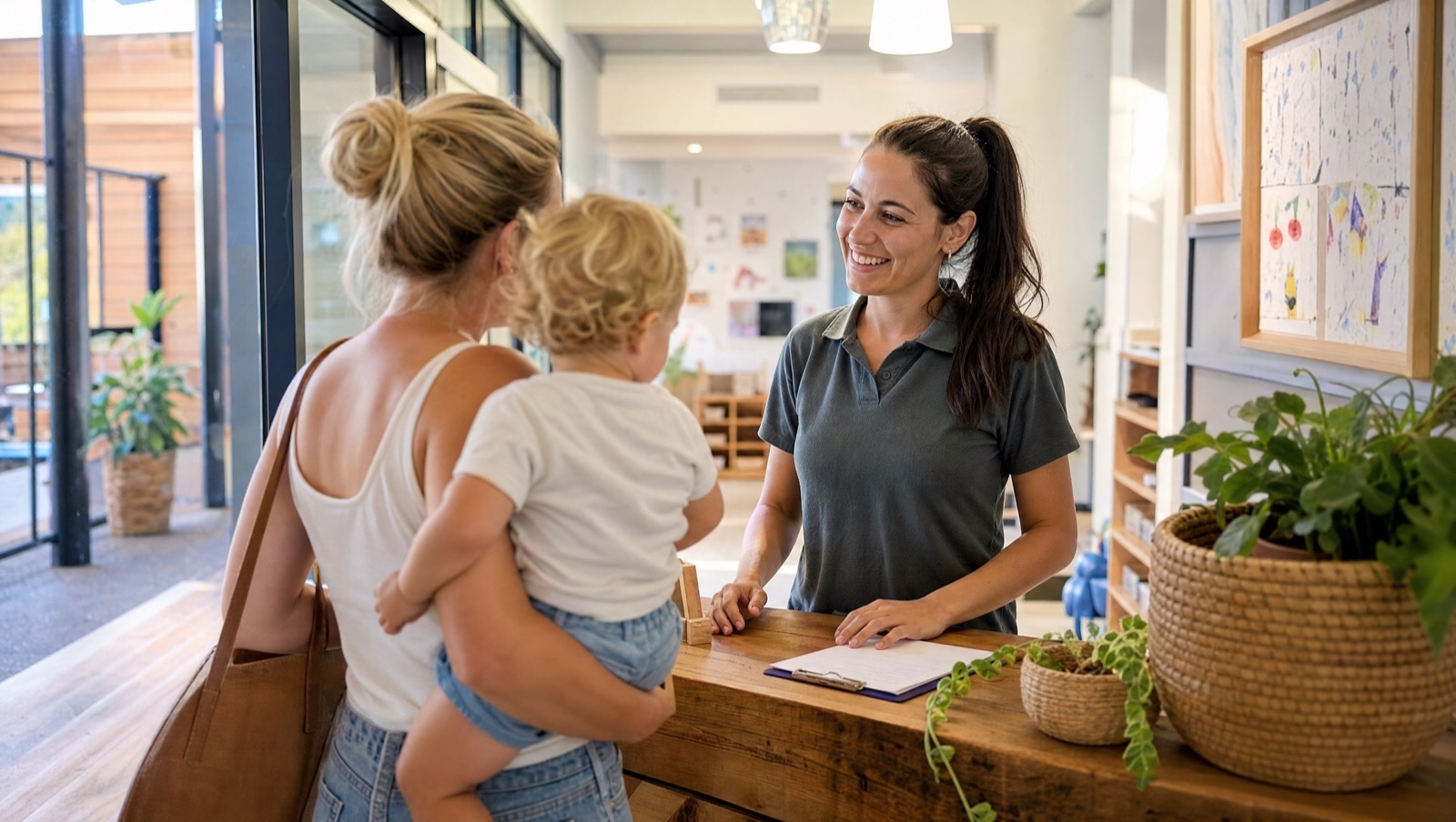 An educator welcoming a parent and toddler at the entrance of an early learning centre