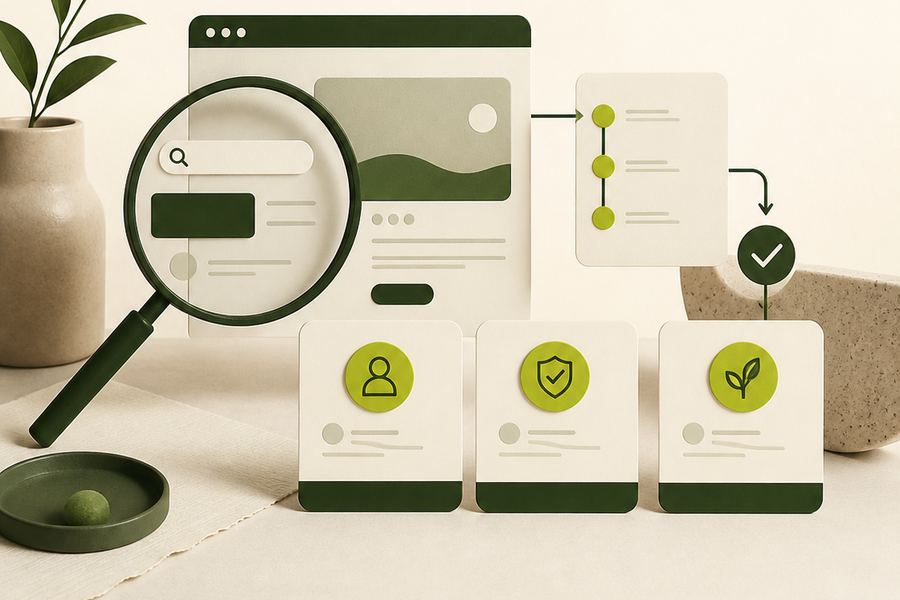 Illustration of a magnifying lens scanning a website, a search card and an enquiry path