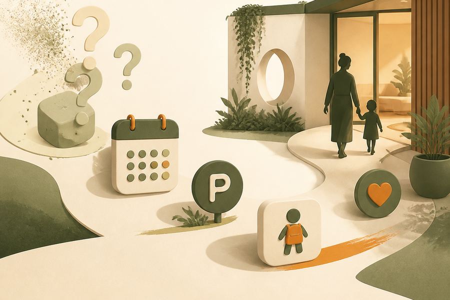 Illustration of a parent and child walking a path to a centre past a calendar and a parking sign