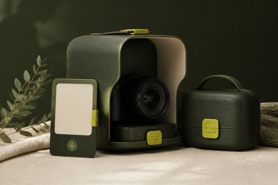 Illustration of a camera rig built from protective parts: a shield, a consent card and a secure media case