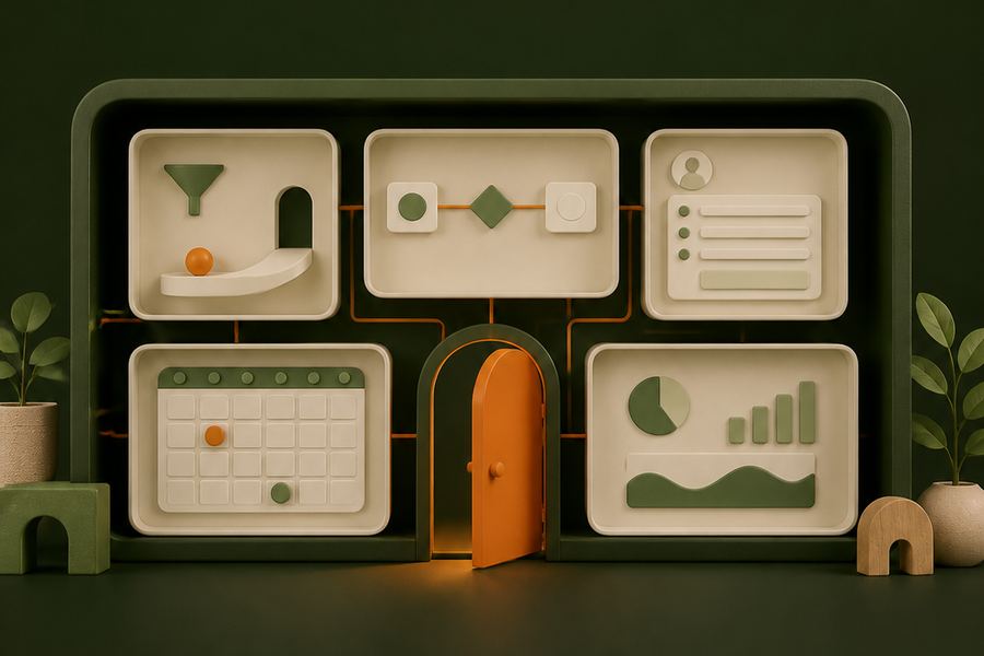 Illustration of one protected container holding a centre's pipelines, workflows, forms, calendars and reporting