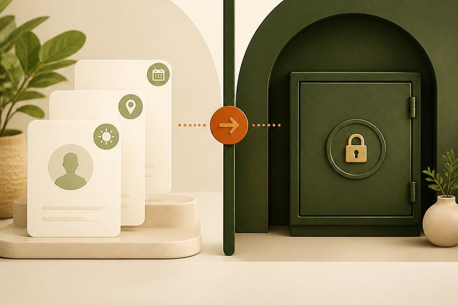 Illustration of everyday enquiry cards on one side of a boundary and a locked record vault on the other
