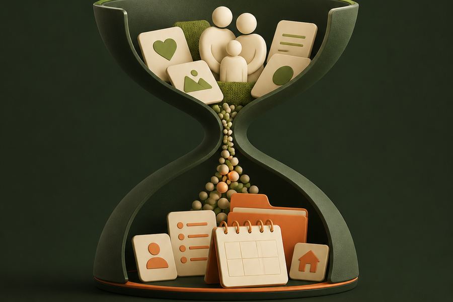 Illustration of an hourglass drawing family attention in at the top and organised enrolment steps out at the base