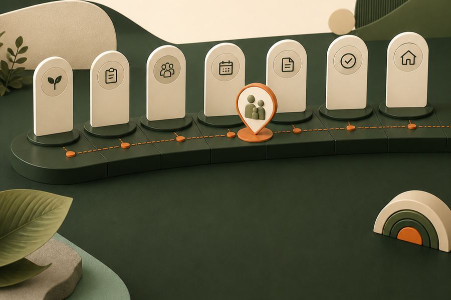 Illustration of a family marker moving along the enrolment stages from enquiry to started