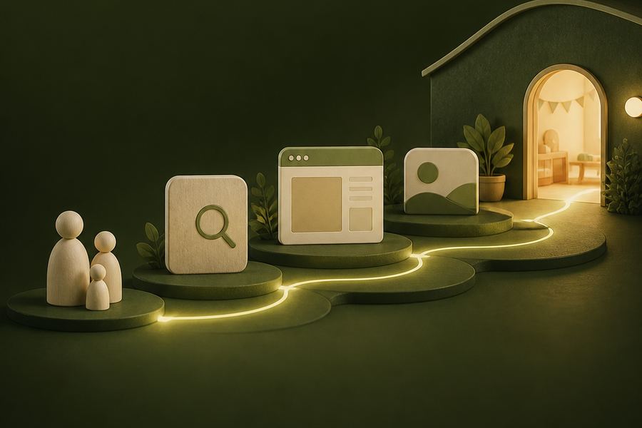 Illustration of a family moving past a search result, a website and a social post before reaching a lit centre doorway
