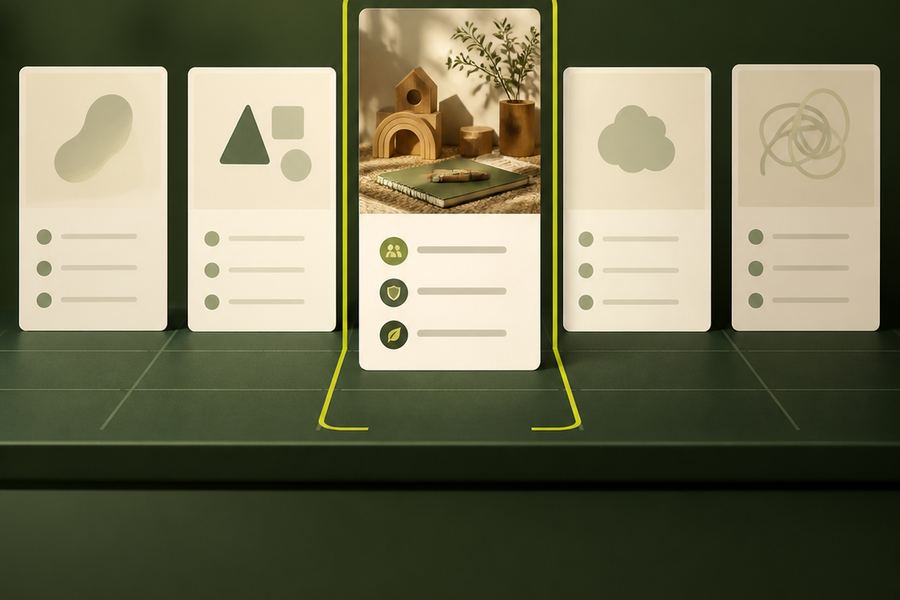 Illustration of several centre cards arranged into a shortlist, with the clearest one brought forward