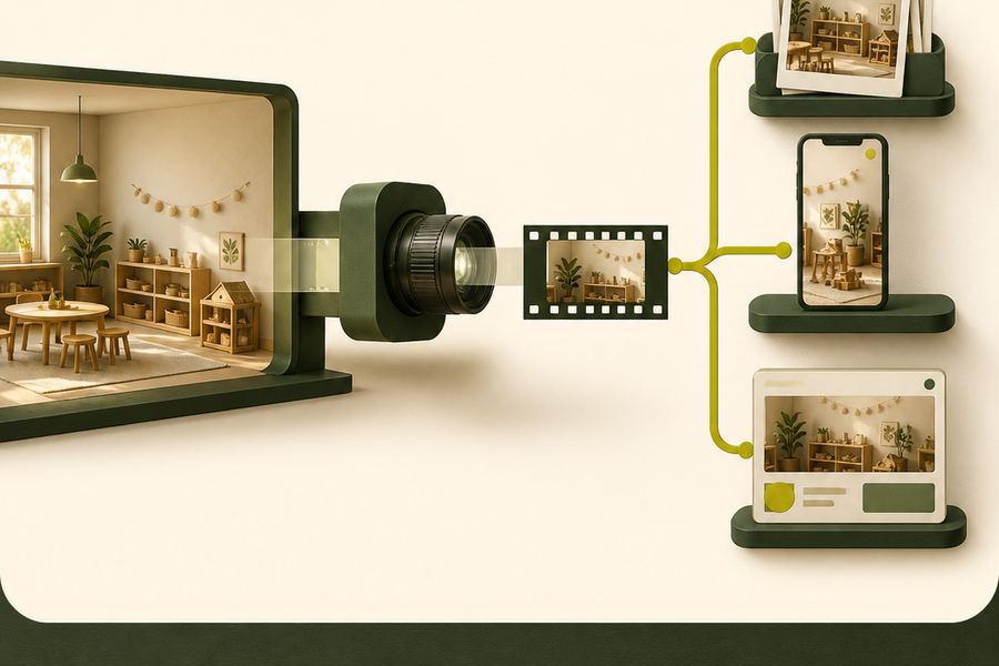 Illustration of one filmed scene becoming a film, a photo set, a short clip and a web page