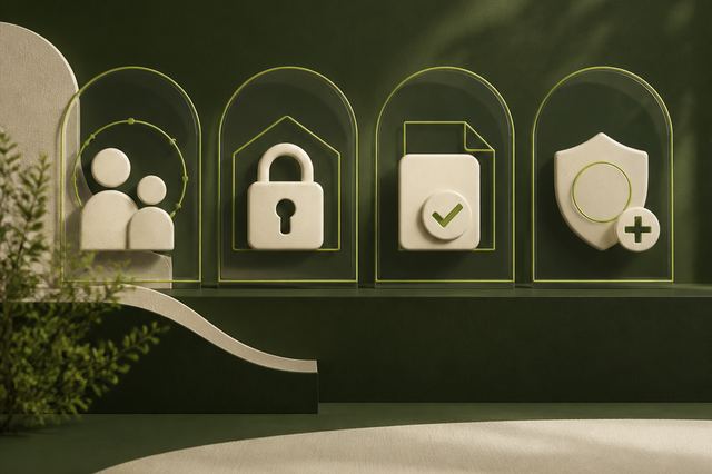 Illustration of four windows into a centre showing supervision, secure entry, consent and response
