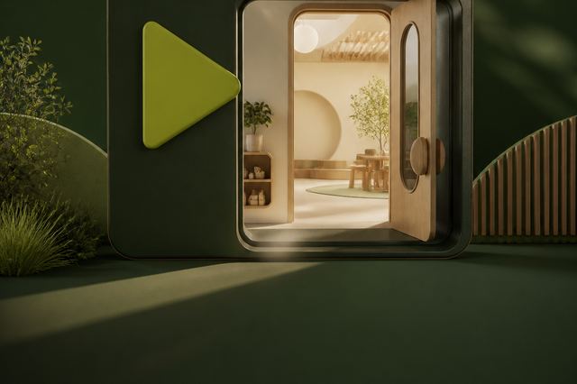 Illustration of a centre doorway opening from a video frame into a warm early learning room