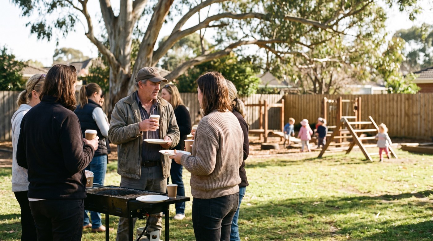Parents talking over a barbecue in the yard of an early learning centre while children play behind them