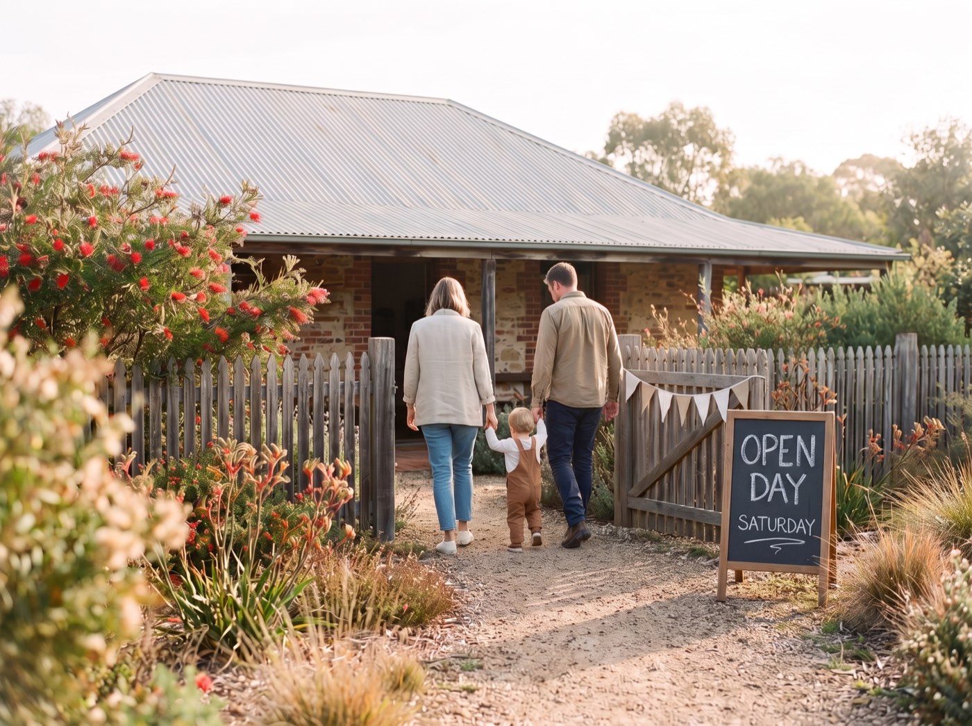 A family walking through the front gate of an early learning centre, past a chalkboard sign reading Open Day Saturday