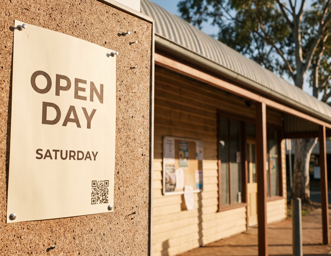 An open day poster with a QR code pinned to a local community noticeboard