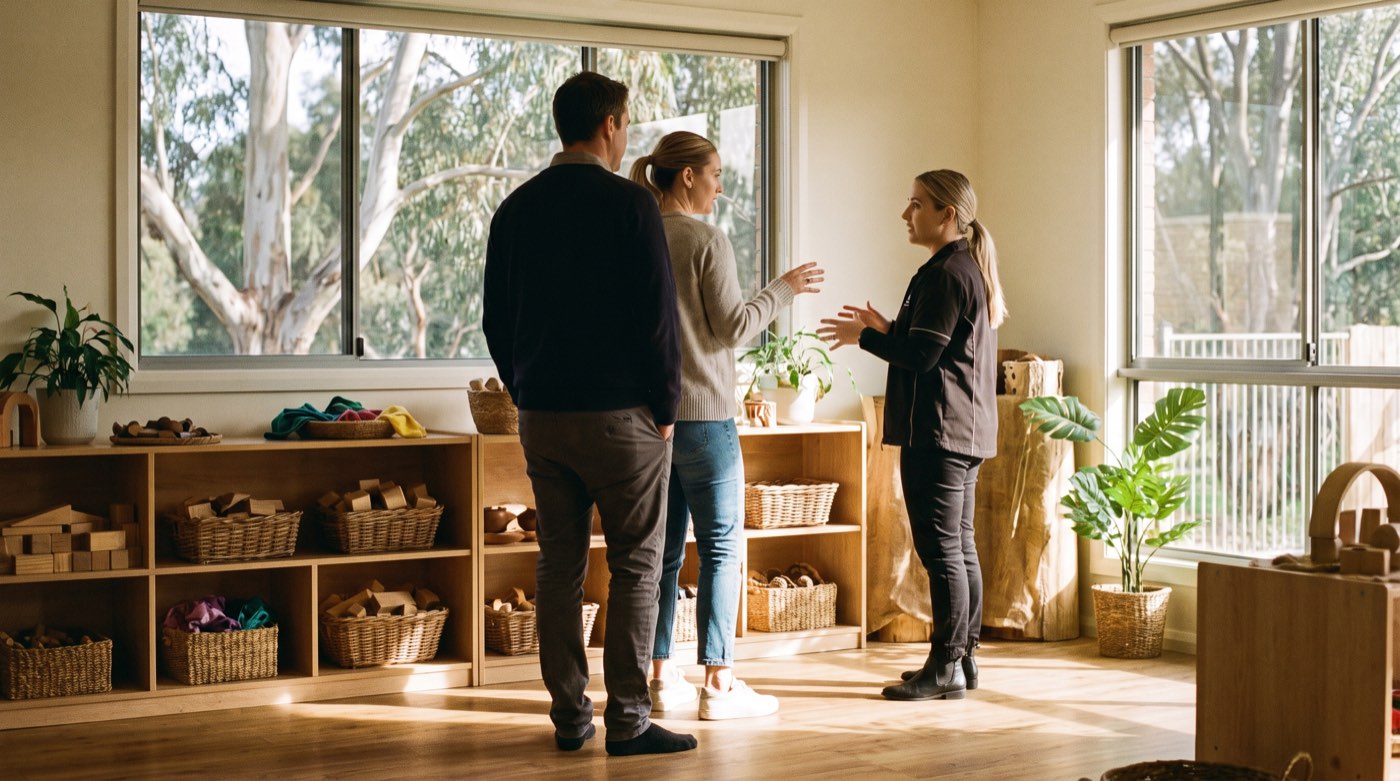 Two parents talking with an educator in an early learning room during an open day