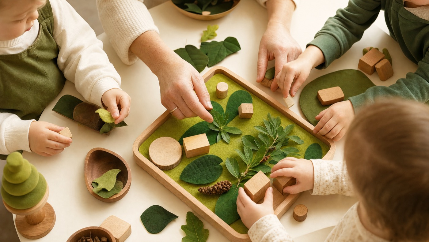 A child's hands exploring a nature play tray of leaves, seed pods and petals